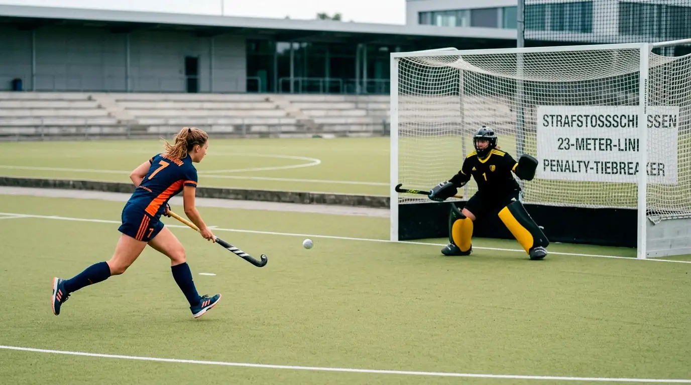 Feldhockey Shootout: Angreifer läuft auf den Torwart zu beim Penalty-Tiebreaker