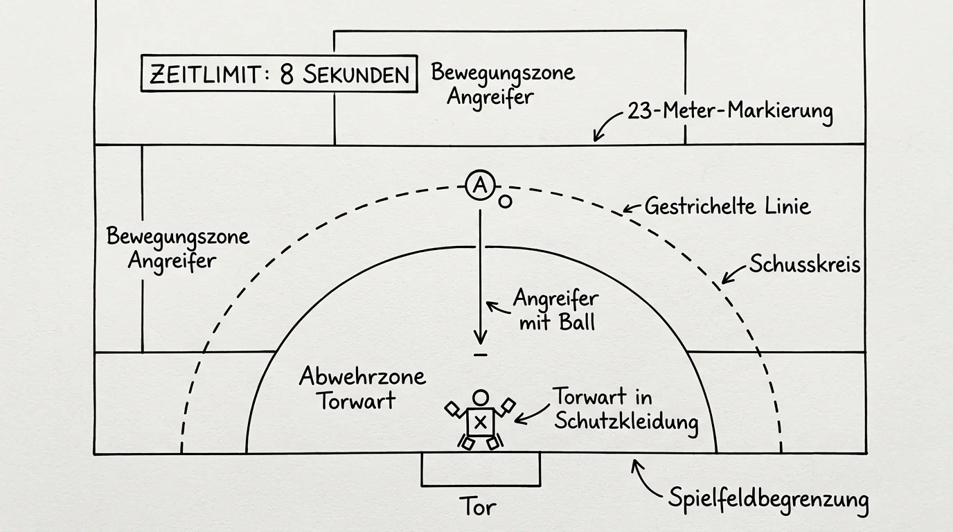 Ablauf des Feldhockey Shootouts: 1-gegen-1 Duelle erklärt mit Startposition und Zeitregel