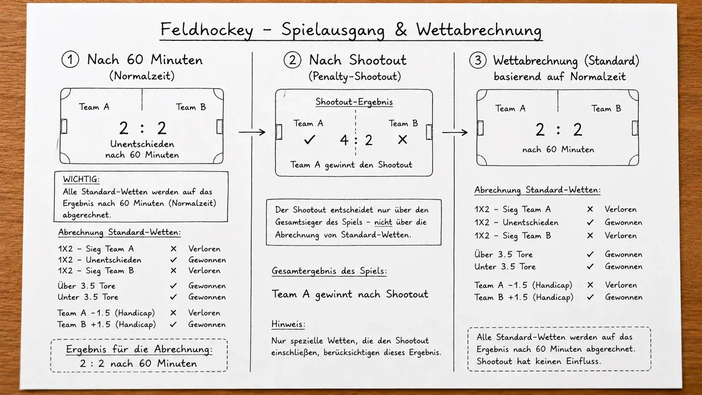 Feldhockey Wett-Abrechnung: Unterschied reguläre Spielzeit und Endresultat mit Shootout erklärt