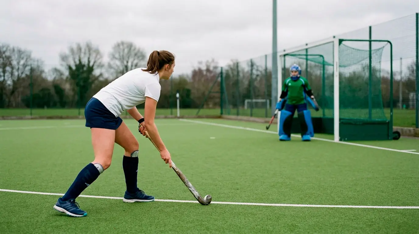 Feldhockey Strafecken-Wetten: Spieler bereitet sich auf einen Penalty Corner vor