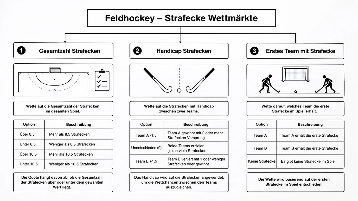 Übersicht verschiedener Strafecken-Wettmärkte beim Feldhockey: Total, Handicap und Ereigniswetten