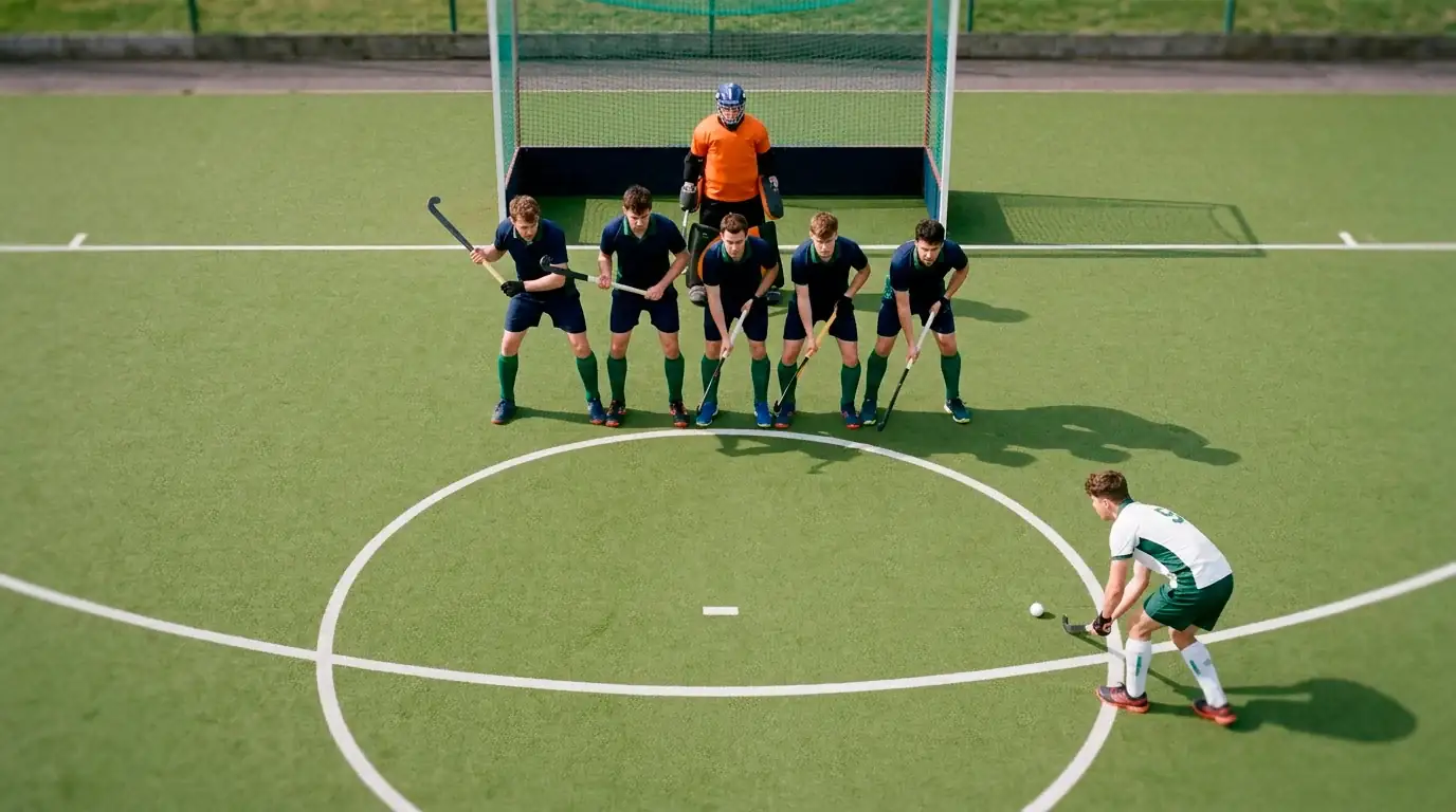 Strafecken-Mechanik beim Feldhockey: Angreifer und Verteidiger positioniert an der Torlinie