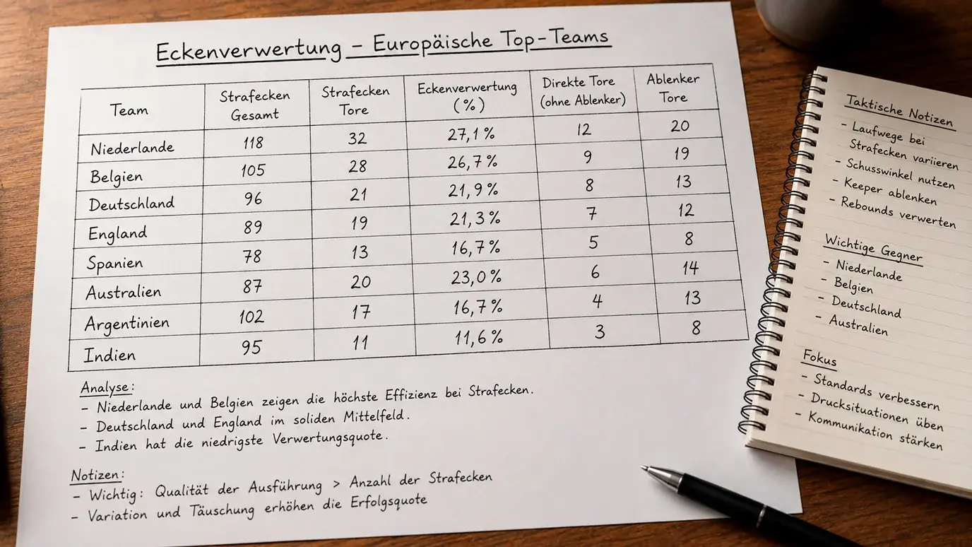 Strafecken-Statistiken für Feldhockey Wetten: Tabelle mit Konversionsraten verschiedener Teams