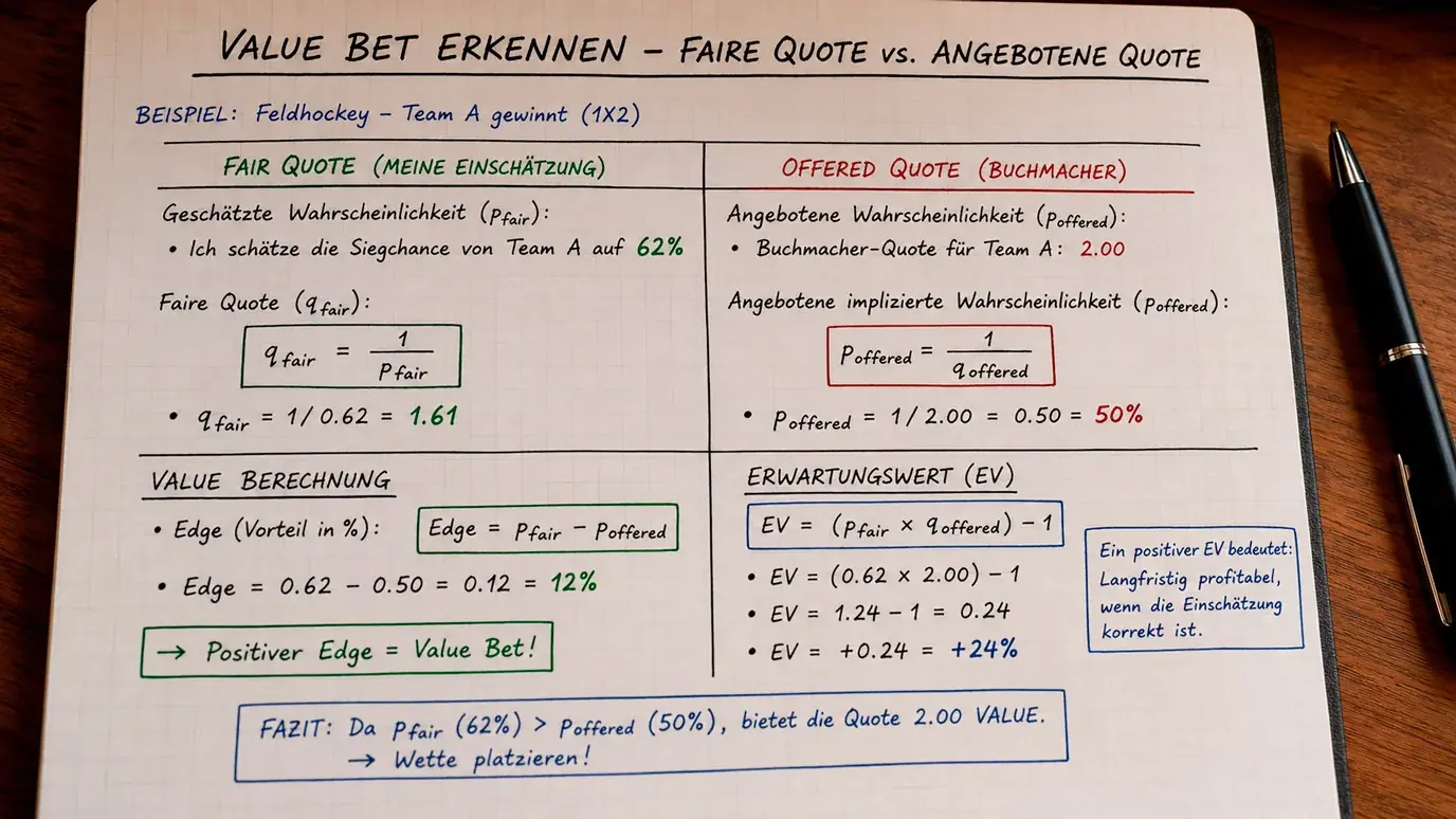 Feldhockey Quote analysieren: Eigene Wahrscheinlichkeit berechnen und mit angebotener Quote auf Value prüfen