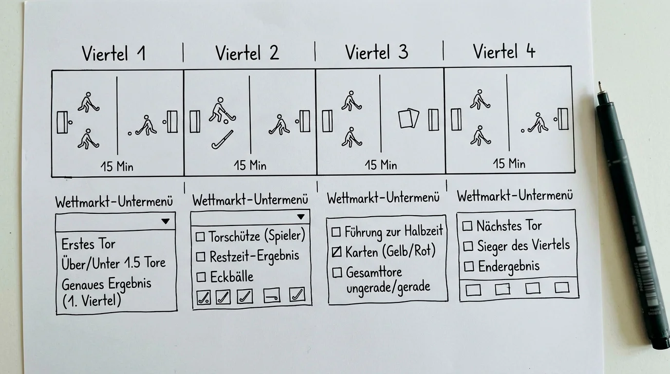 Feldhockey 4x15-Minuten Format als Basis für Viertelwetten: Submärkte und Abrechnungsstruktur