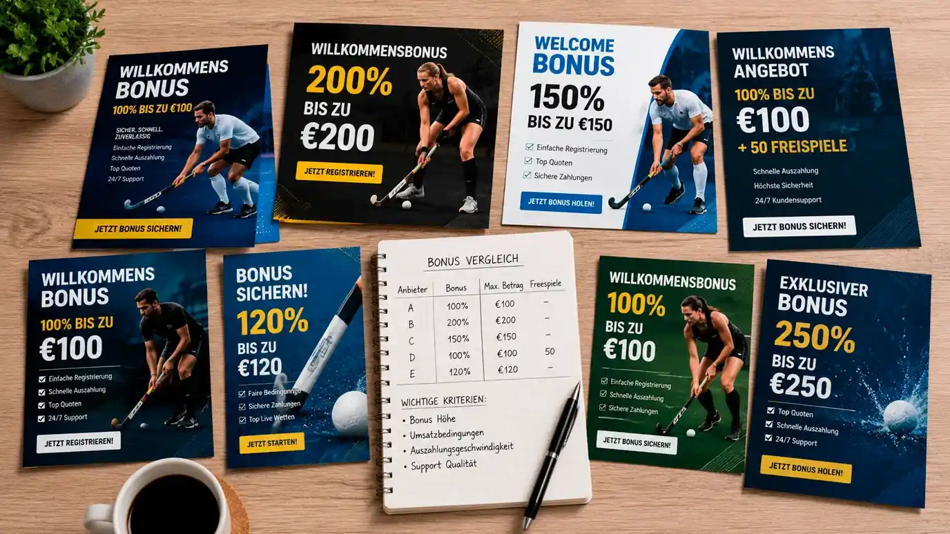 Feldhockey Wettbonus Vergleich 2026: Willkommensangebote und Umsatzbedingungen bei führenden Sportwetten-Anbietern