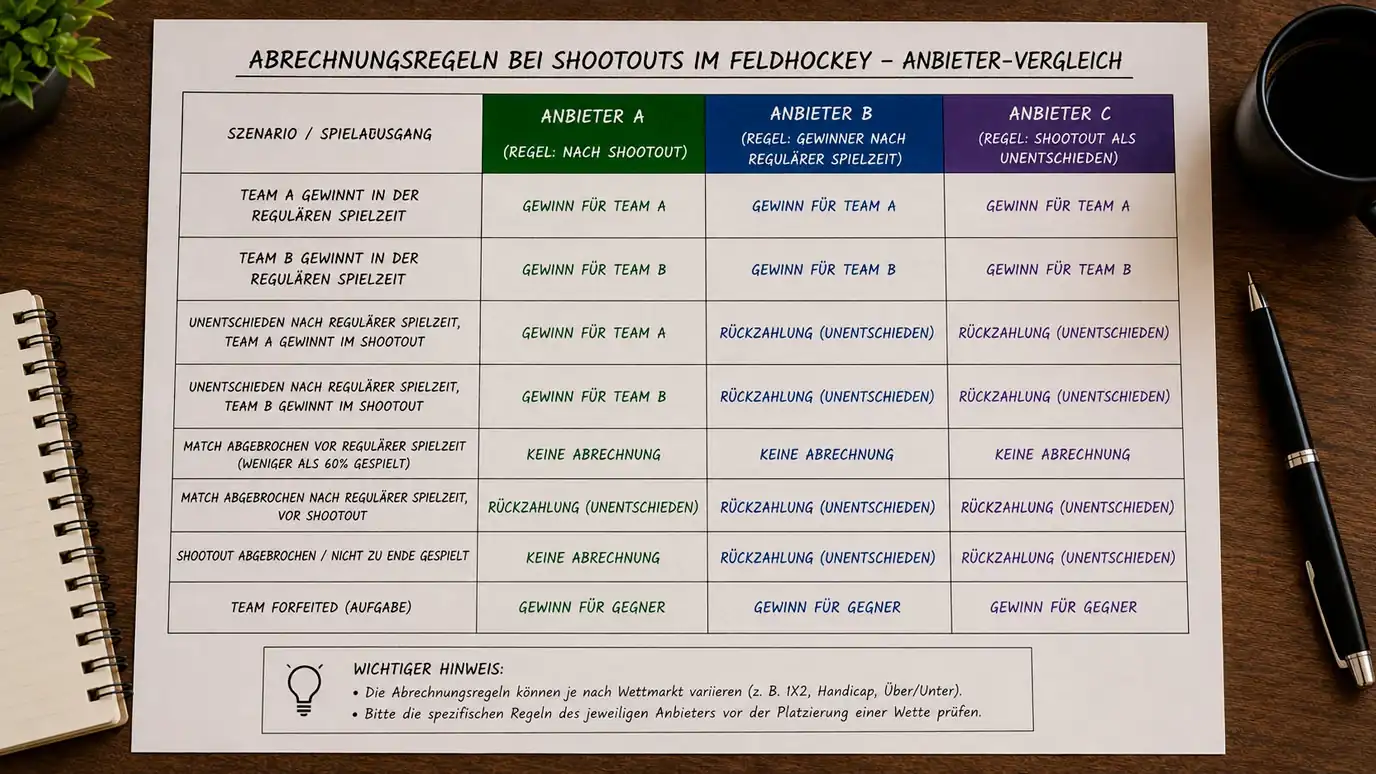 Vergleich der Abrechnungsregeln verschiedener Wettanbieter für Feldhockey-Shootout-Szenarien