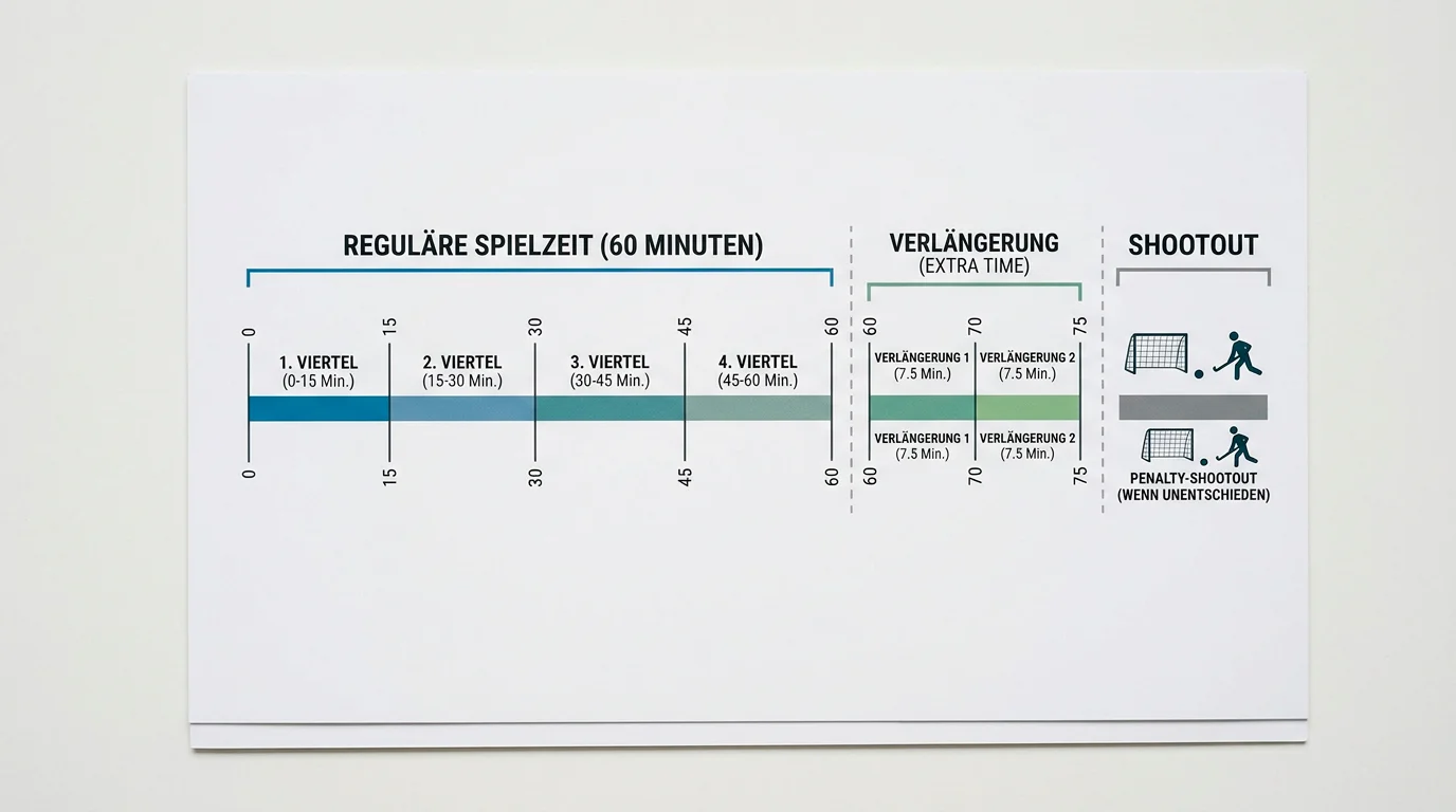 Illustration der regulären 60-Minuten-Spielzeit beim Feldhockey und Abgrenzung zu Verlängerung und Shootout