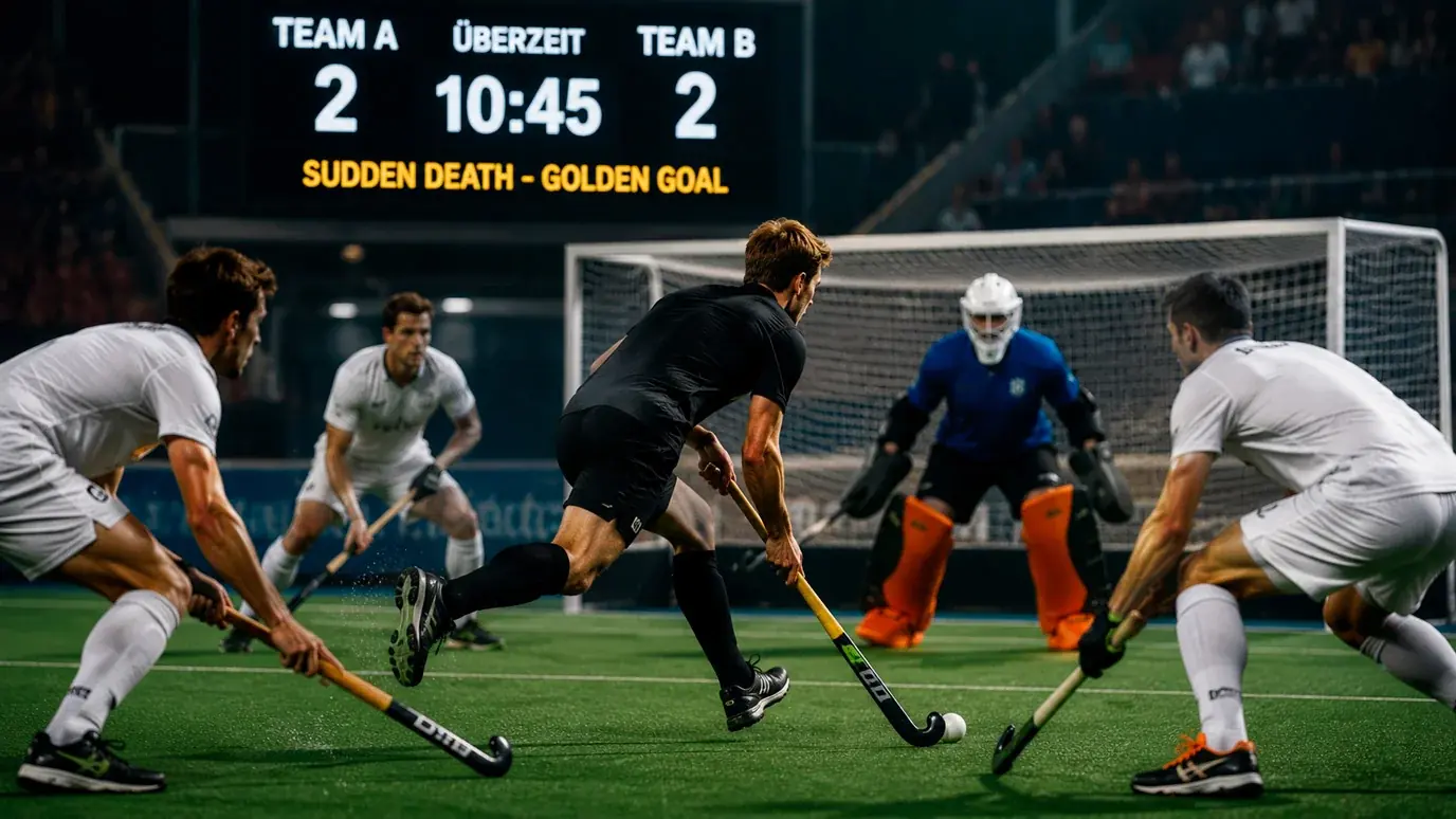 Feldhockey Verlängerung Golden Goal – Spieler in Bewegung kurz vor Abschluss bei K.o.-Runde