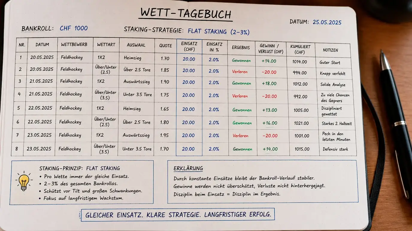 Flat Staking beim Feldhockey Wetten: Gleiche Einsatzgrösse pro Wette als einfaches Bankroll-Management-System