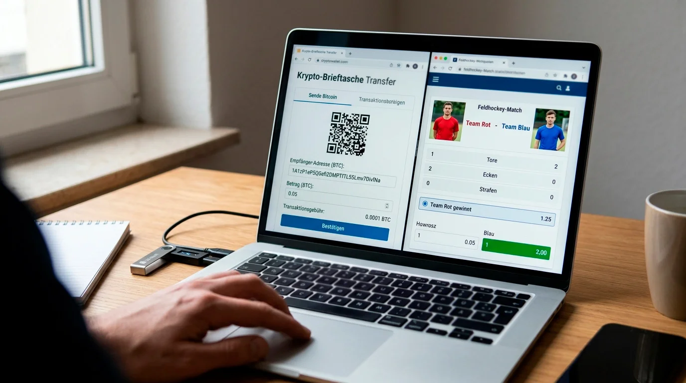 Bitcoin als Zahlungsmittel bei Sportwetten – Krypto-Wallet-Transfer auf einer Online-Wettplattform mit Feldhockey-Markt
