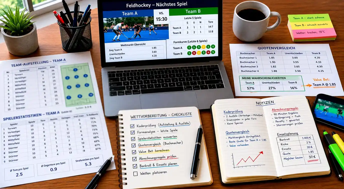 Feldhockey Wett-Vorbereitung Checkliste: Systematische Analyse von Kader, Statistiken und Märkten vor dem Tipp