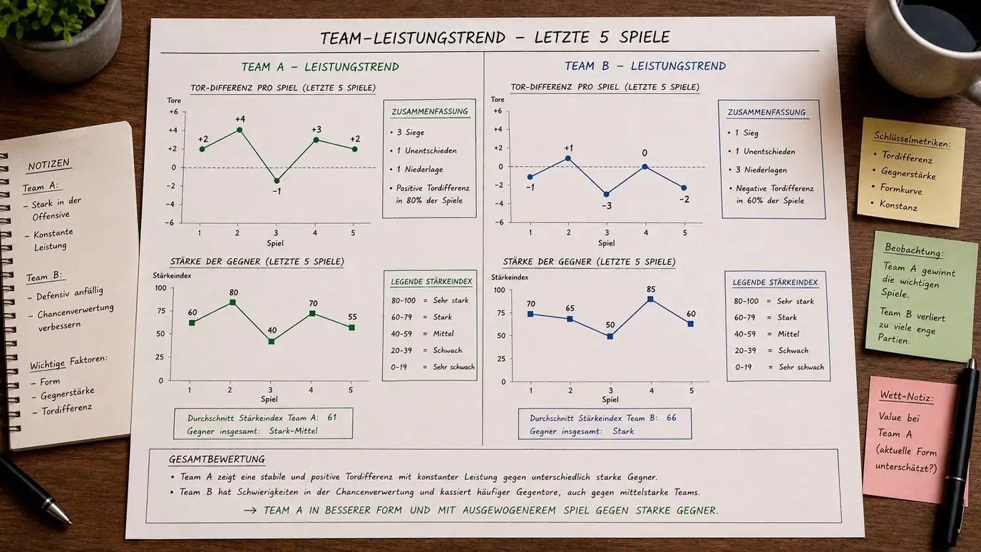 Formkurven-Analyse zweier Feldhockey-Teams anhand von Tordifferenz und Gegnerstärke über fünf Spiele