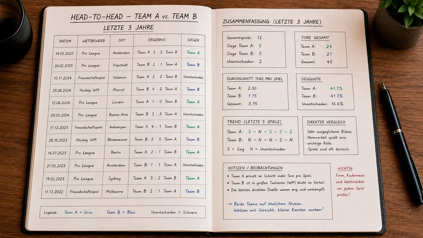 Head-to-Head Statistiken zweier Feldhockey-Nationalmannschaften über die letzten drei Jahre