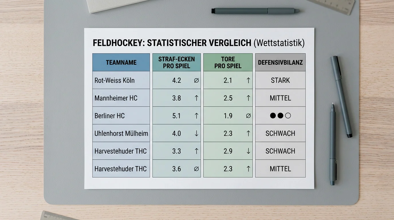 Tabelle mit den wichtigsten Feldhockey-Wettstatistiken wie Tore pro Spiel und Strafecken-Rate
