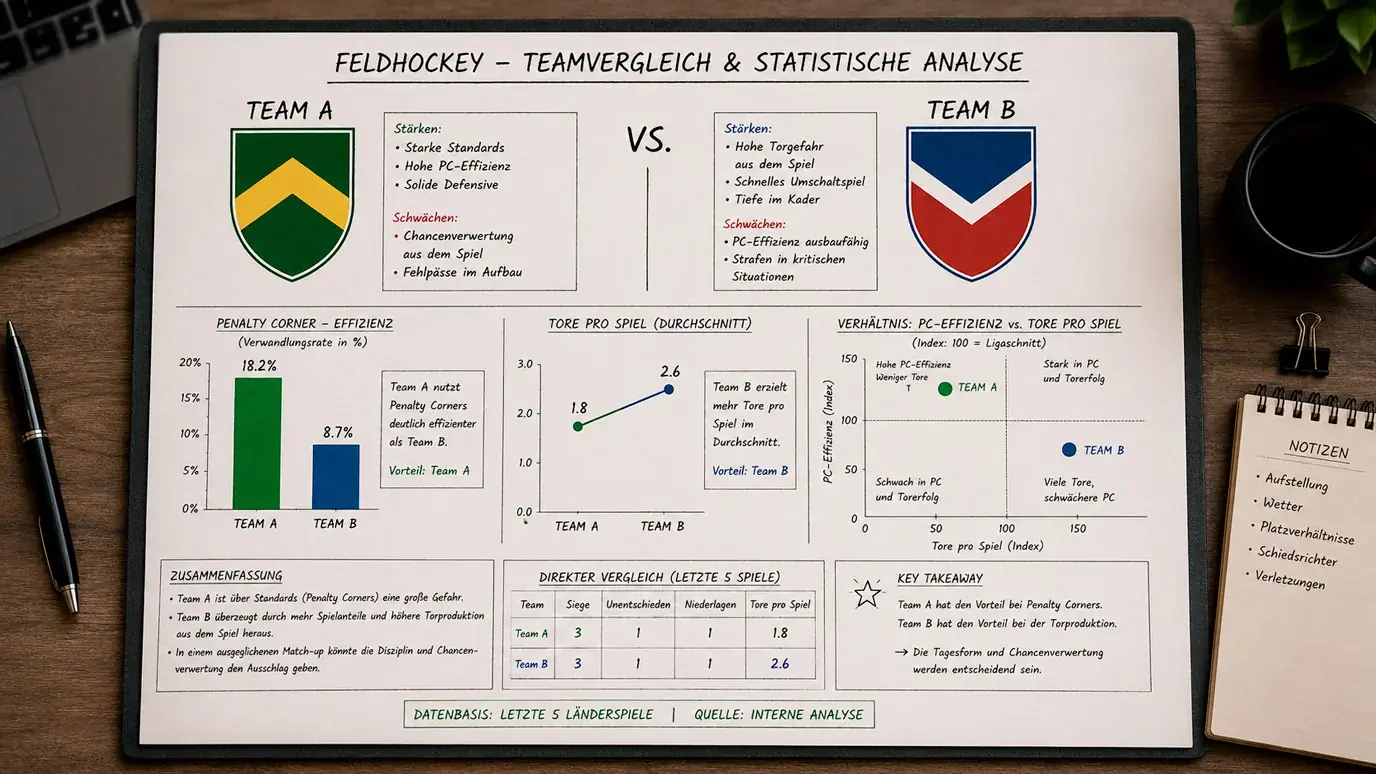 Feldhockey Strafecken-Konversionsrate und Tore-pro-Spiel Statistik im Vergleich zweier Nationalteams