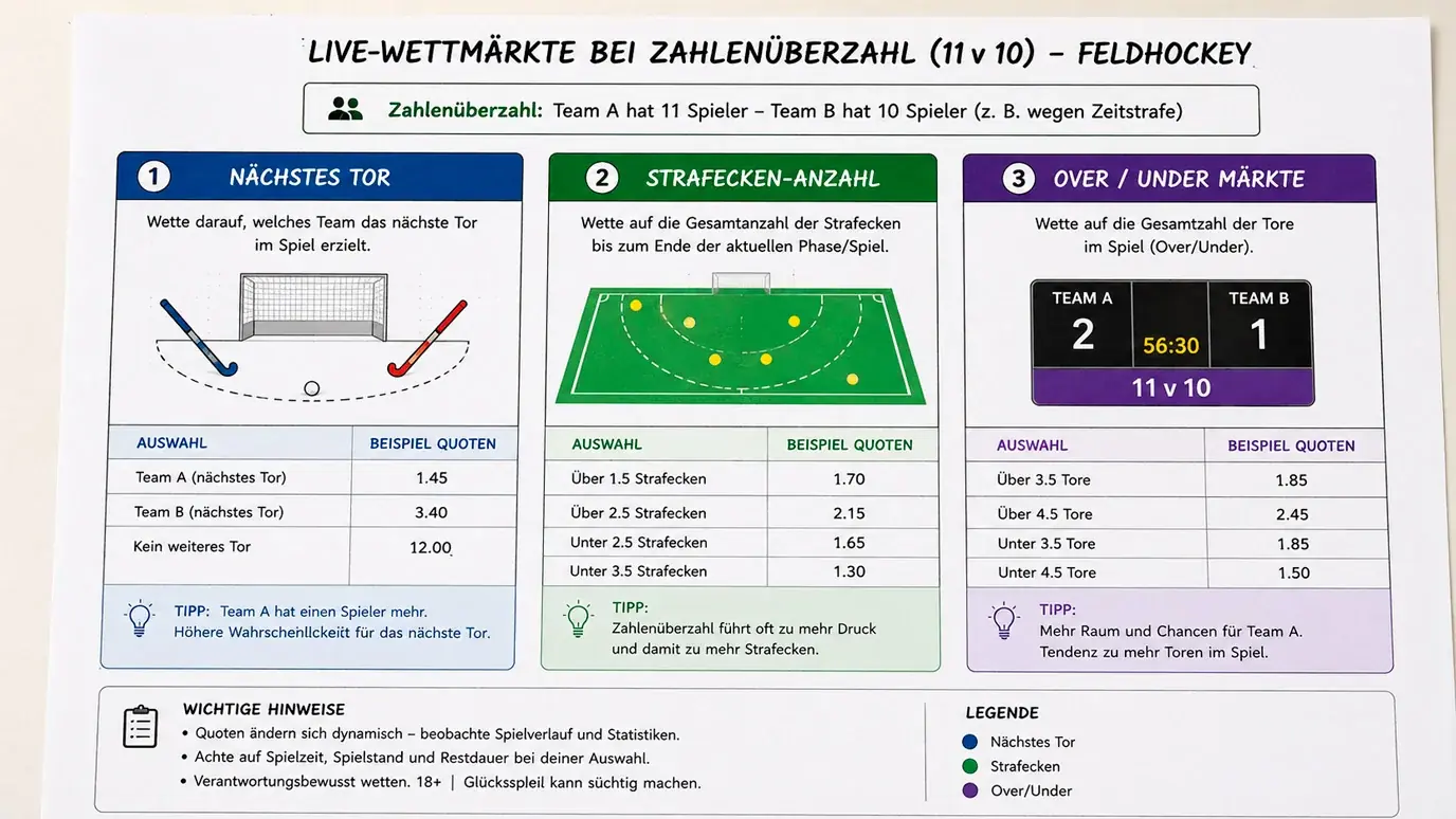 Feldhockey Live-Wettmärkte bei Überzahl – Nächstes Tor, Strafecken-Anzahl und Over/Under im Vergleich