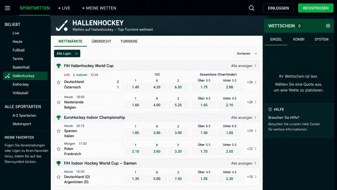 Hallenhockey Wettmärkte bei internationalen Anbietern: 1X2 und Over-Under bei Indoor-Grossereignissen verfügbar