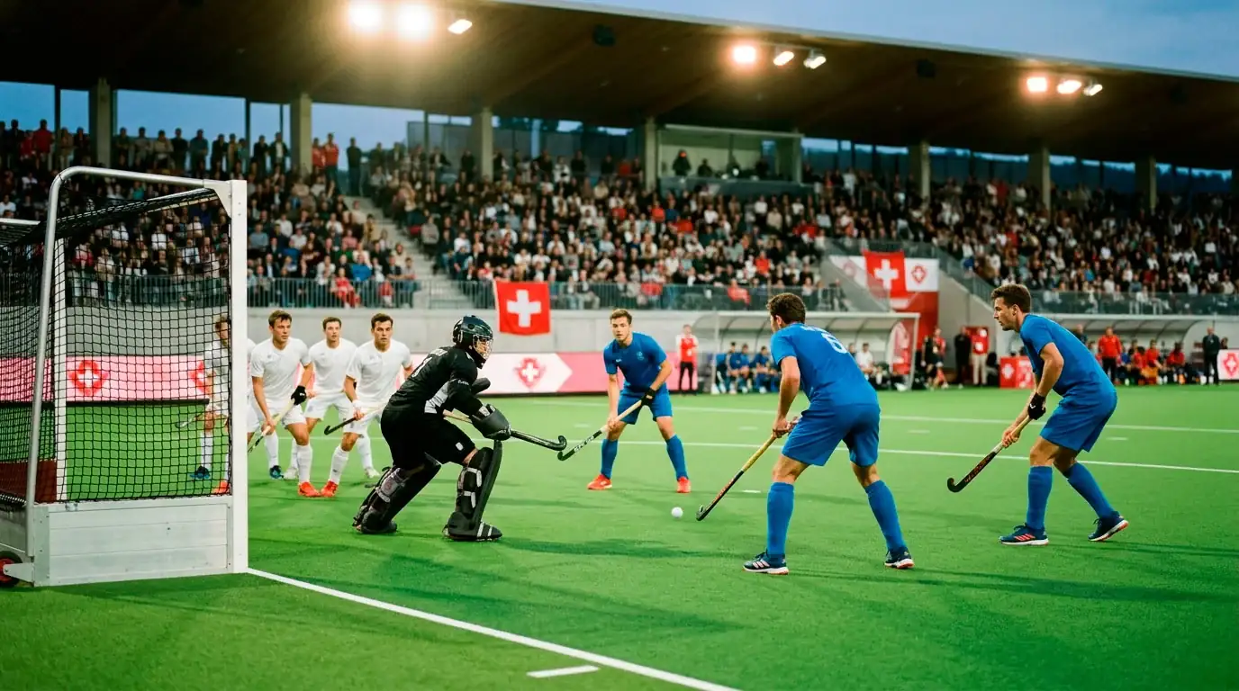 Feldhockey Live Wetten online – Spieler auf dem Feld während eines Penalty Corners bei einem internationalen Turnier