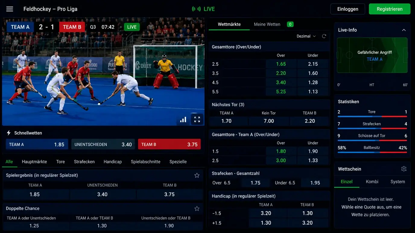 Live-Wetten auf Feldhockey bei Swisslos tip.ch: In-Play-Märkte bei Grossereignissen wie Olympia und WM